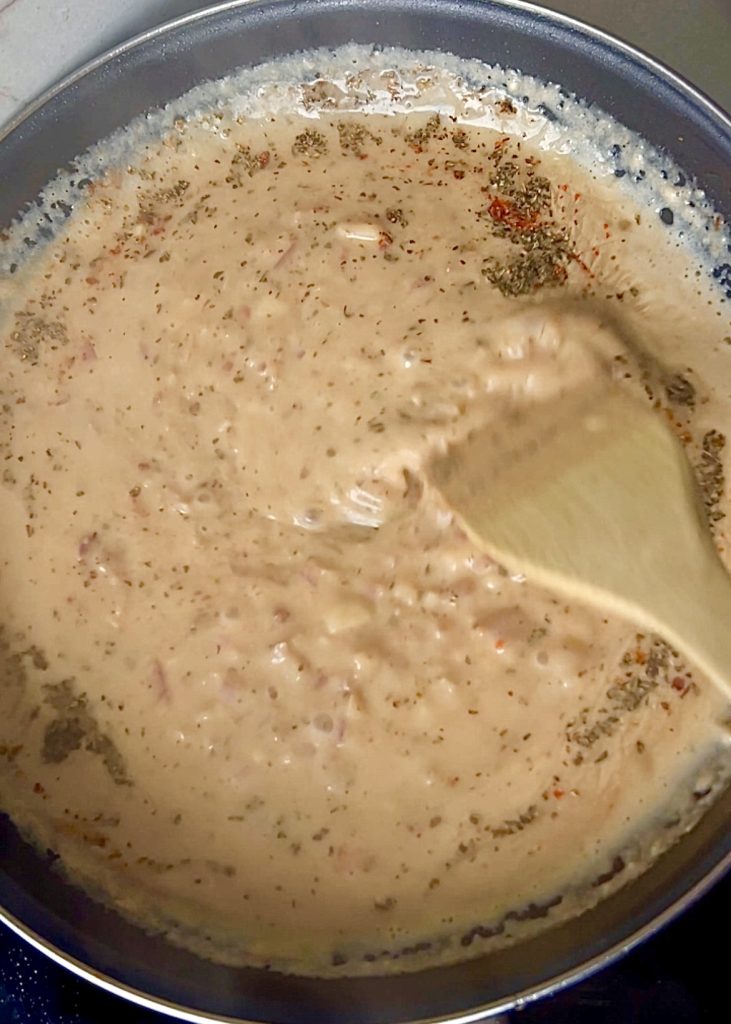 Make the Cream Sauce
Add soya or coconut cream, paprika, Italian seasoning, and salt. Stir to combine.