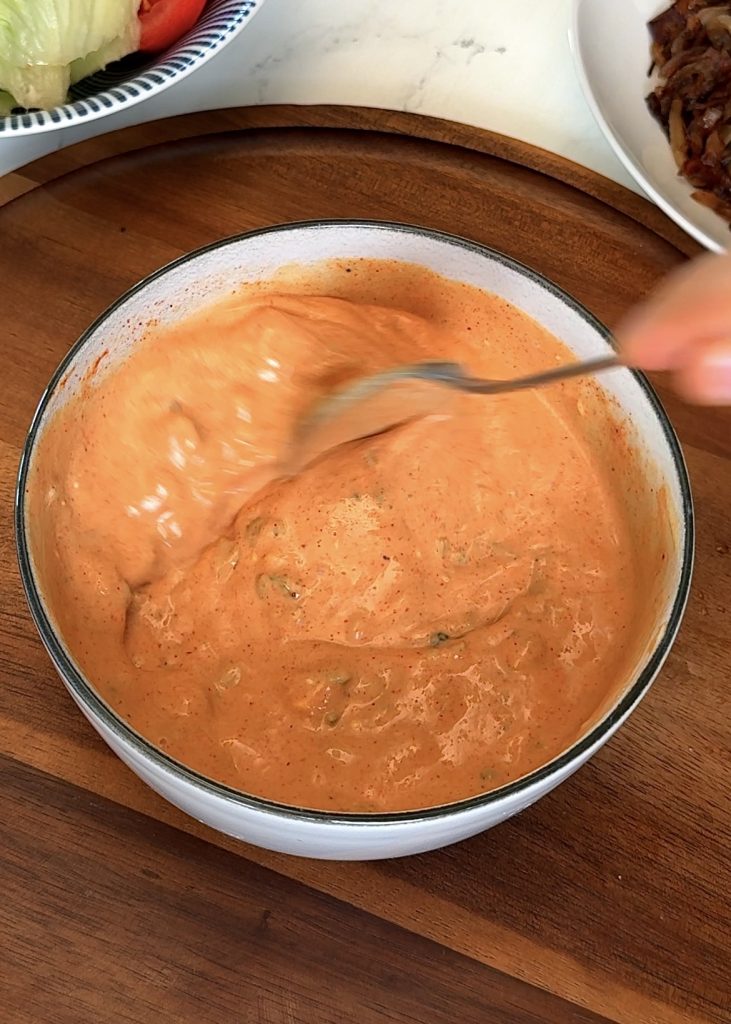 Make the sauce by mixing all the sauce ingredients until smooth and set aside.