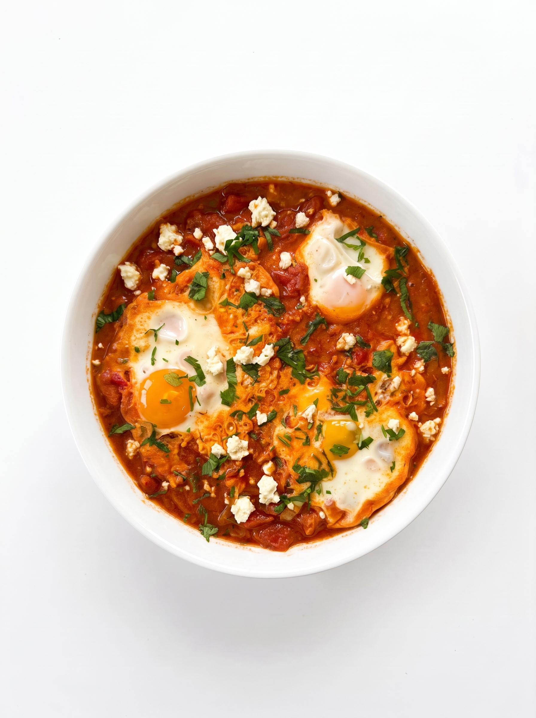 Shakshuka with eggs, tomato sauce and herbs