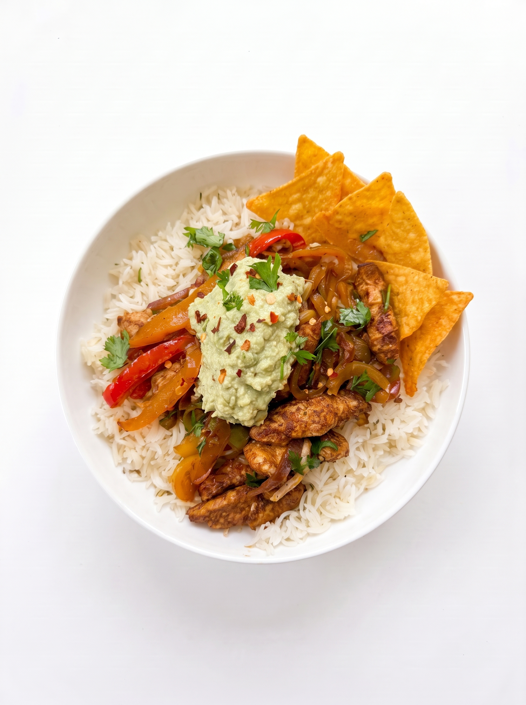 Chicken and rice bowl with peppers and avocado cream