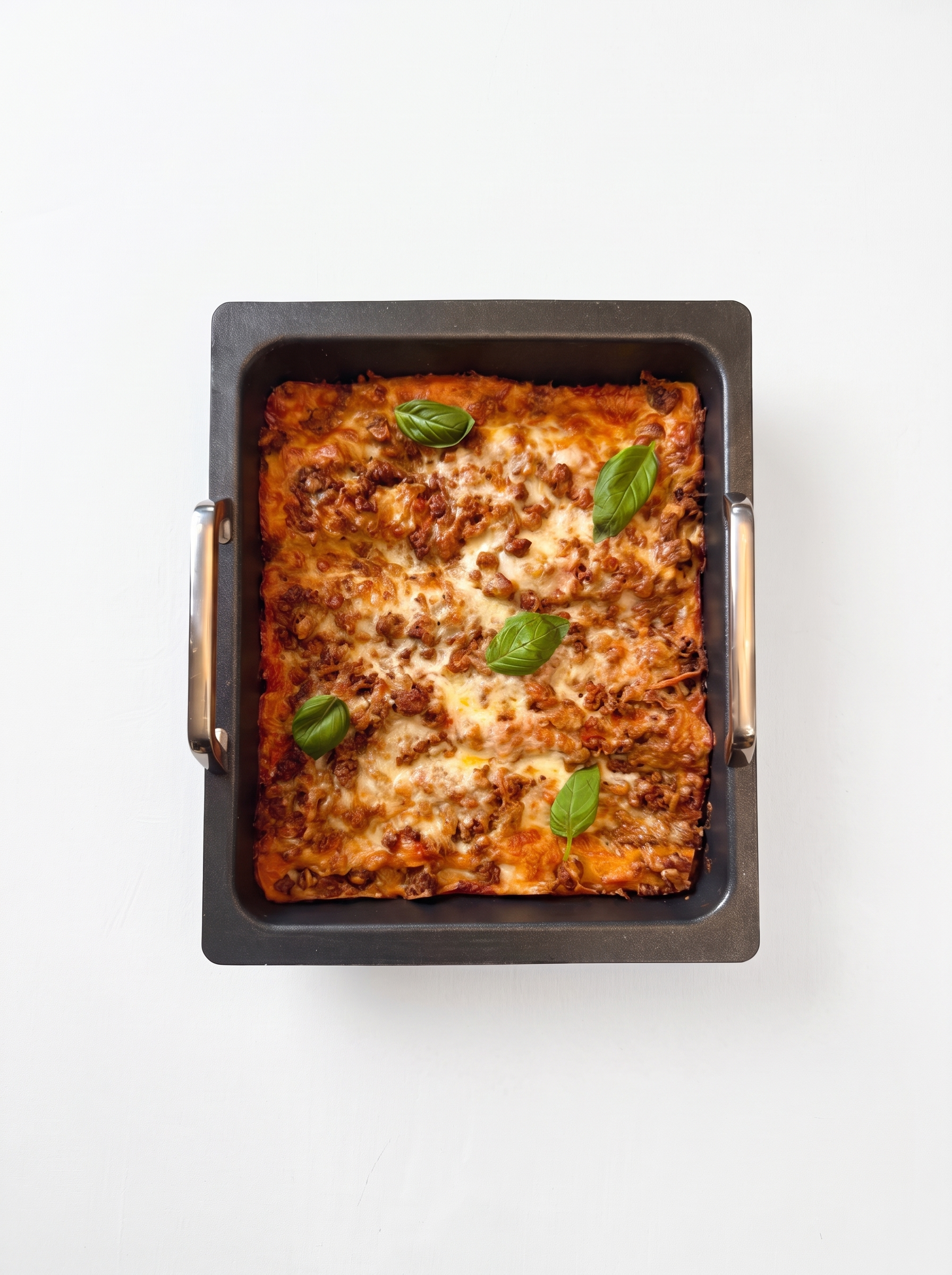 Golden lasagna in a baking dish
