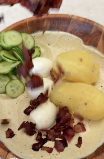 Add potatoes, eggs, cucumber and beef bacon