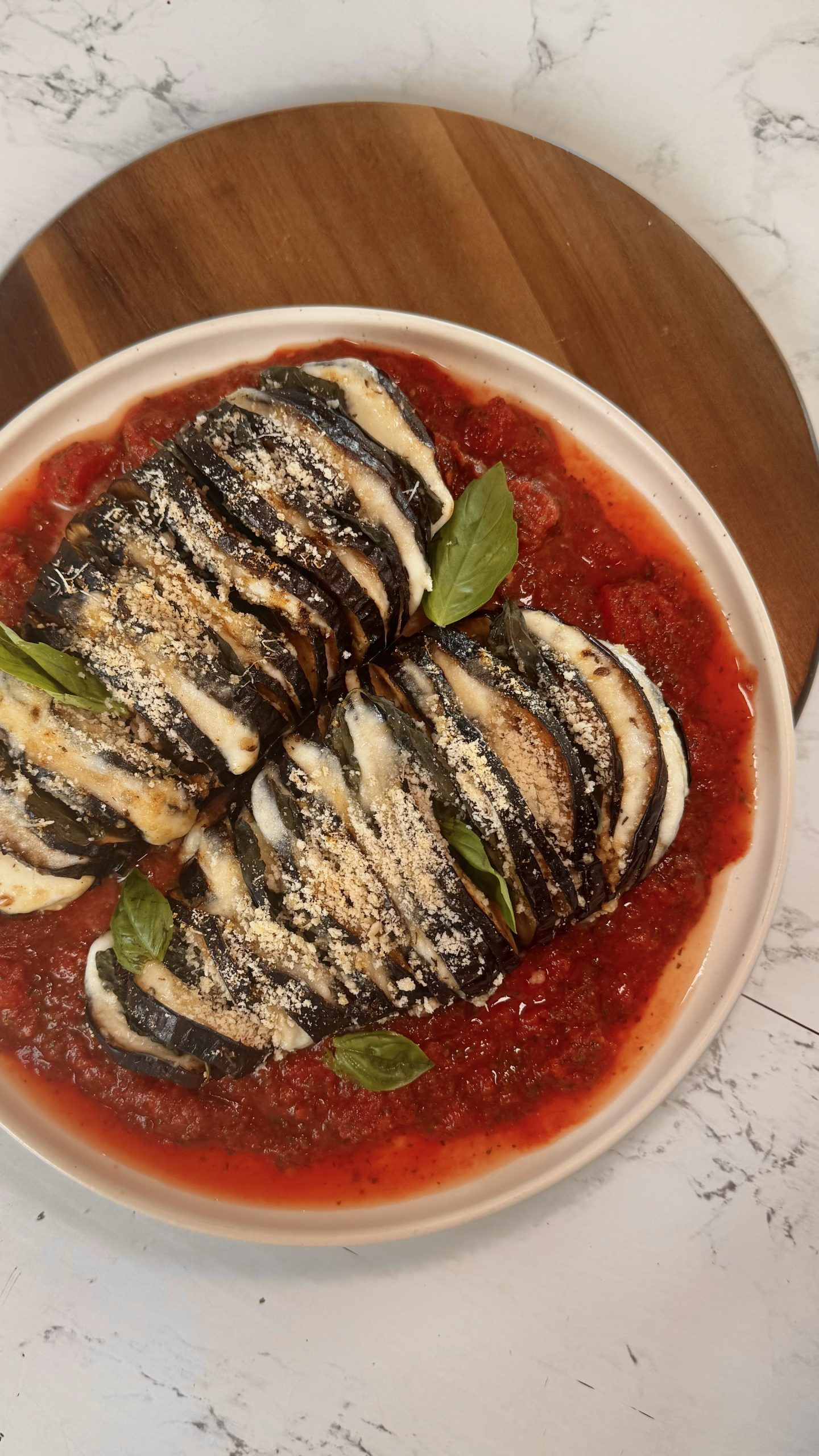 Baked Hasselback Eggplant with Tomato Basil Sauce
