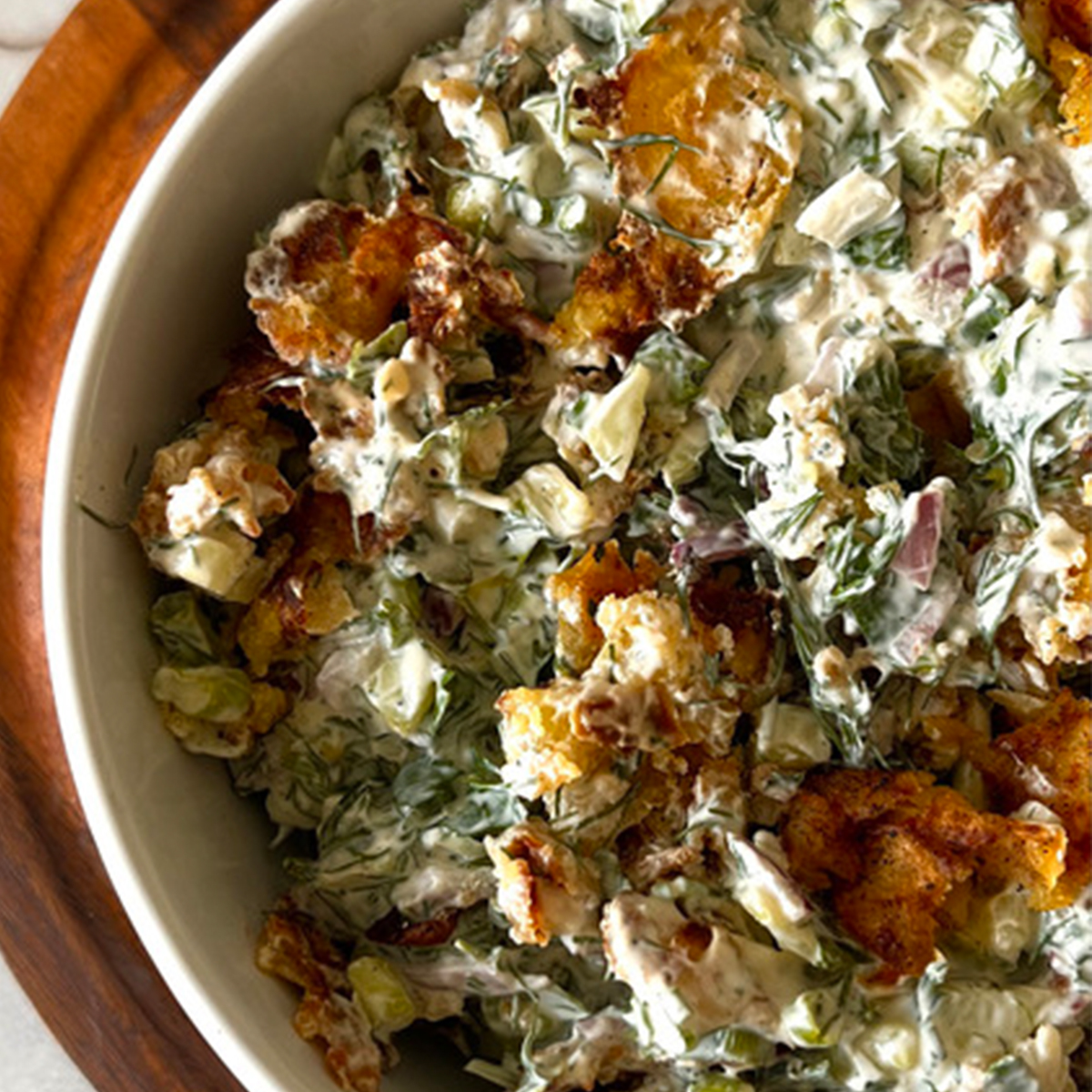 Crispy Pepper Potato Salad in a white bowl