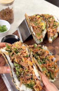 Crispy sushi tacos filled with spicy tuna and avocado