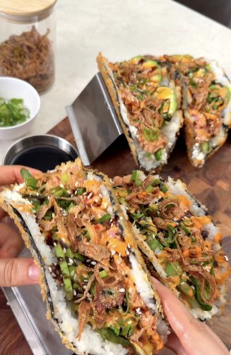 Crispy sushi tacos filled with spicy tuna and avocado