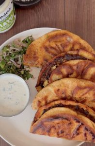 Golden beef kofta tacos with cucumber salad and garlic sauce