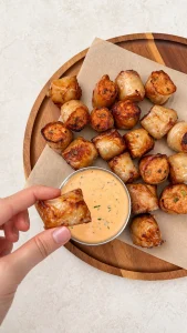 Golden crispy chicken bites wrapped in rice paper with creamy dipping sauce