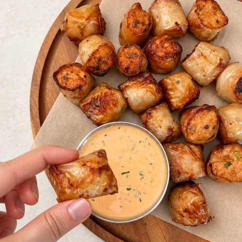 Golden crispy chicken bites wrapped in rice paper with creamy dipping sauce