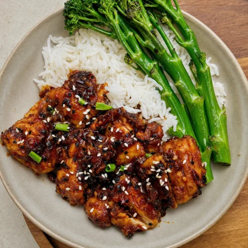 Honey lemon garlic chicken served with rice and broccolini, topped with sesame seeds and green onion