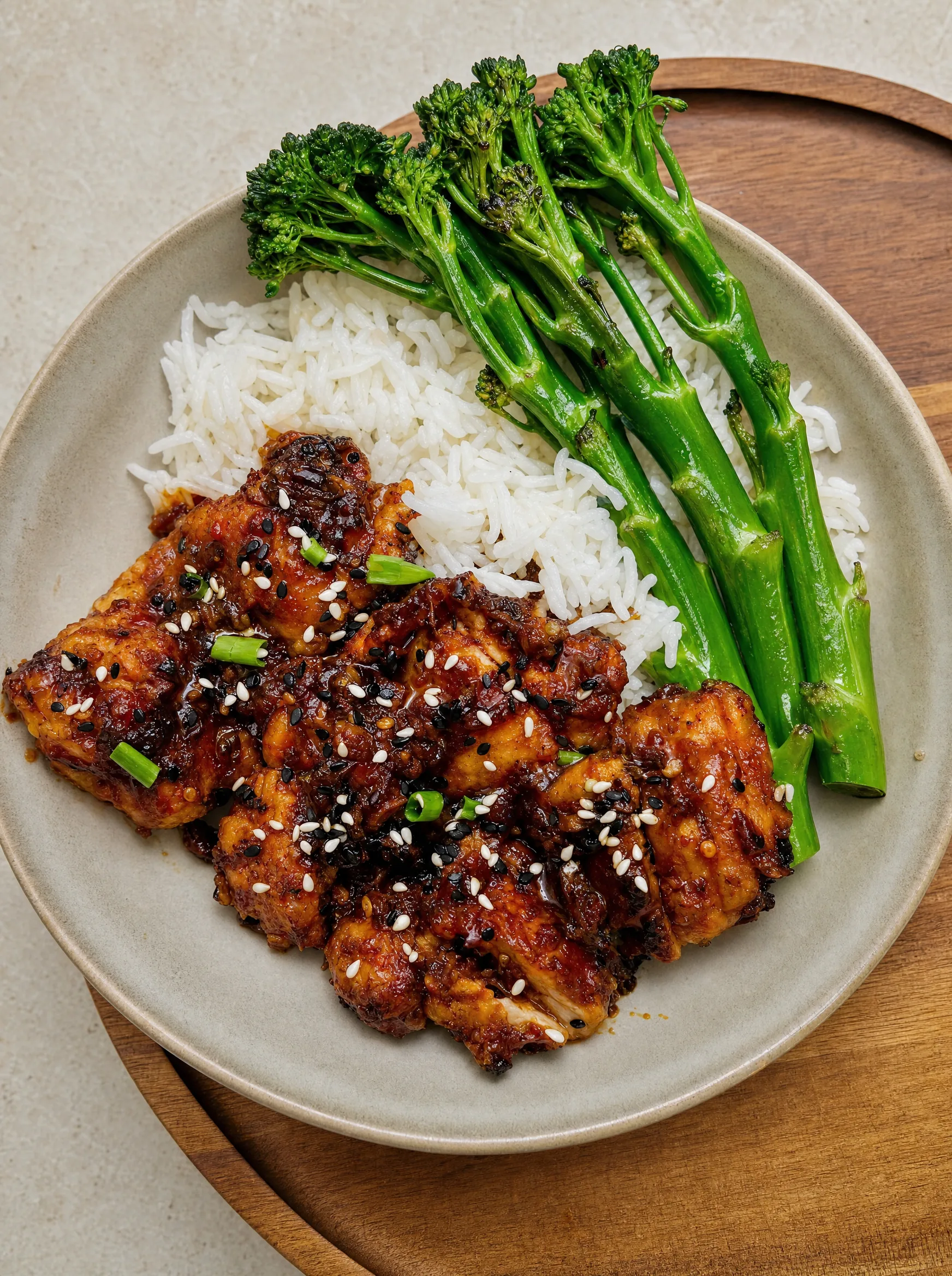 Honey lemon garlic chicken served with rice and broccolini, topped with sesame seeds and green onion